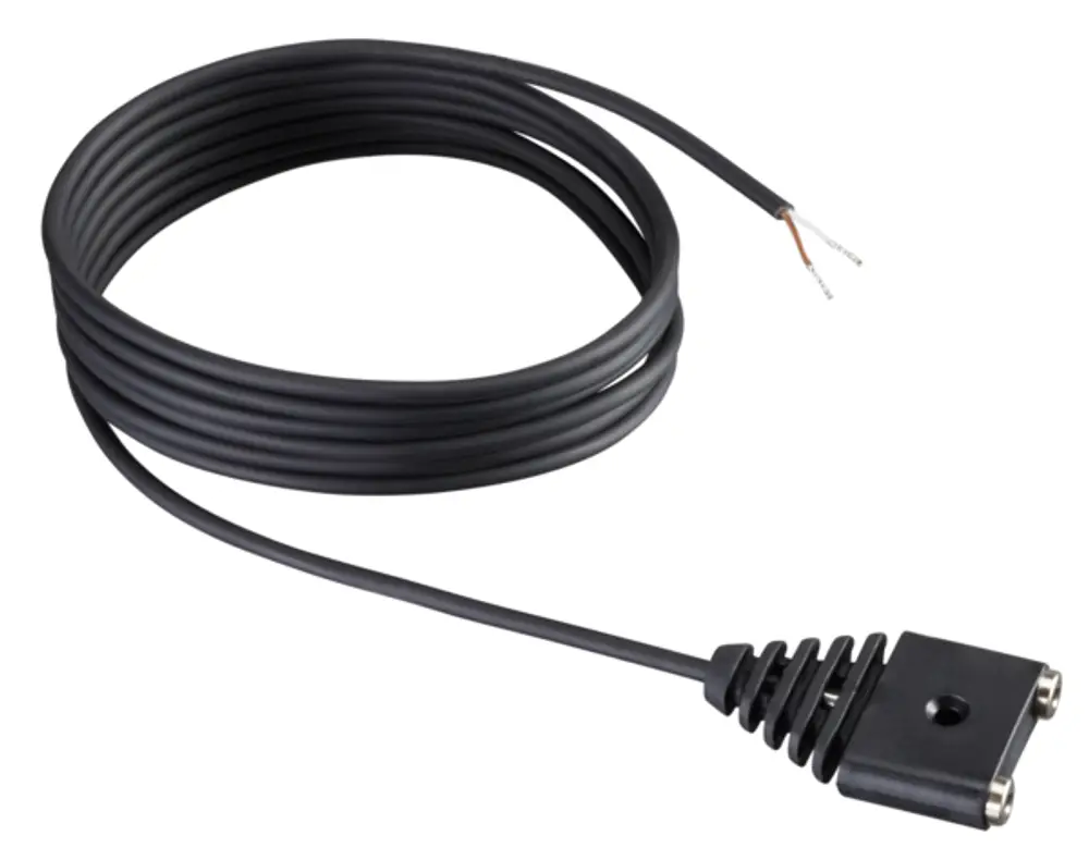 Schwarzes Kabel mit zweipoligem Stecker und freiliegenden Drähten, typischerweise verwendet für Feuchtesensoren wie die von Oventrop.